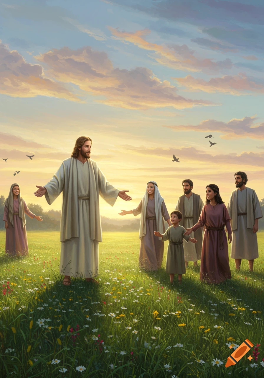 Jesus Christ with open arms welcomes a diverse group of people, including children, in a sunny, flower-filled grassy field under a vibrant sky.