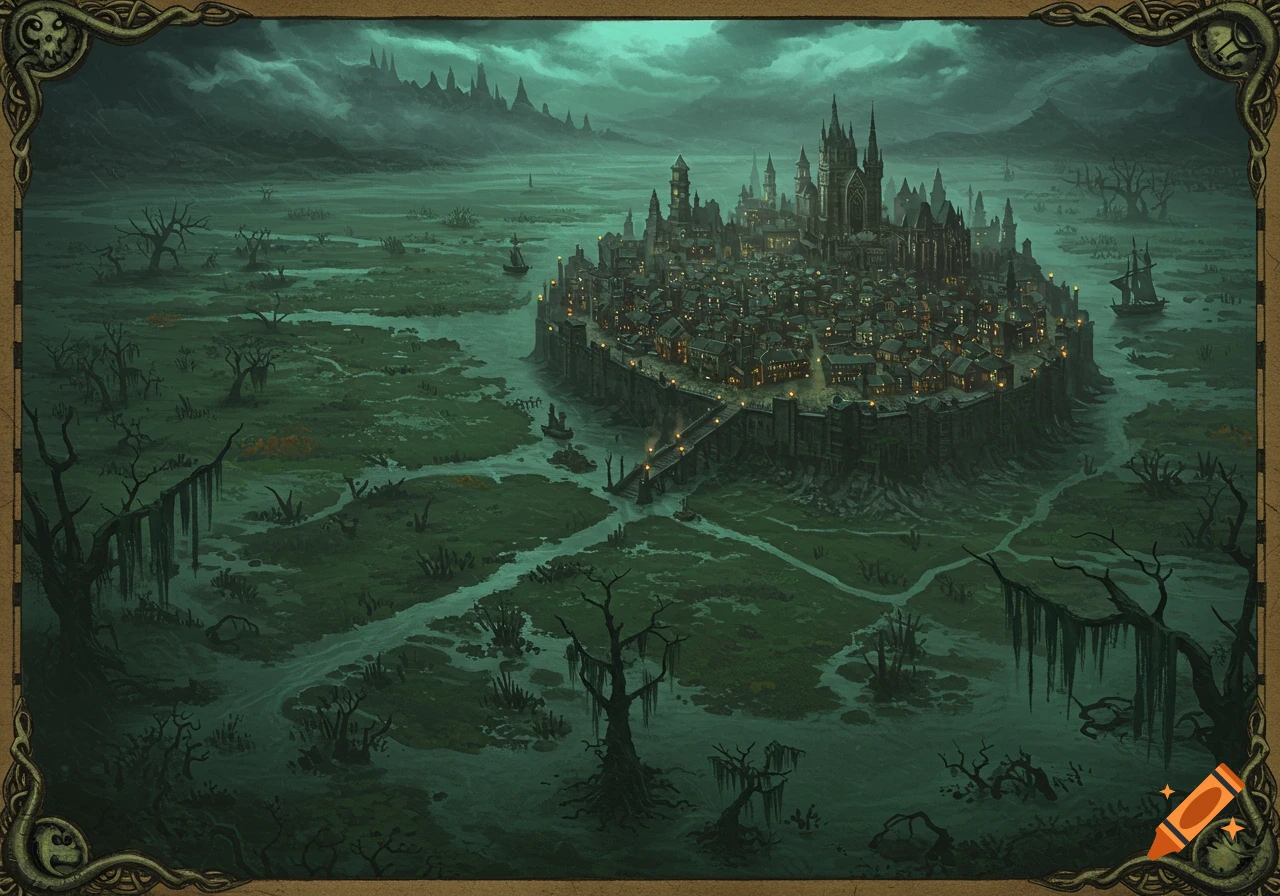 A dark fantasy illustration of a port city surrounded by murky green swamps under a cloudy sky.
