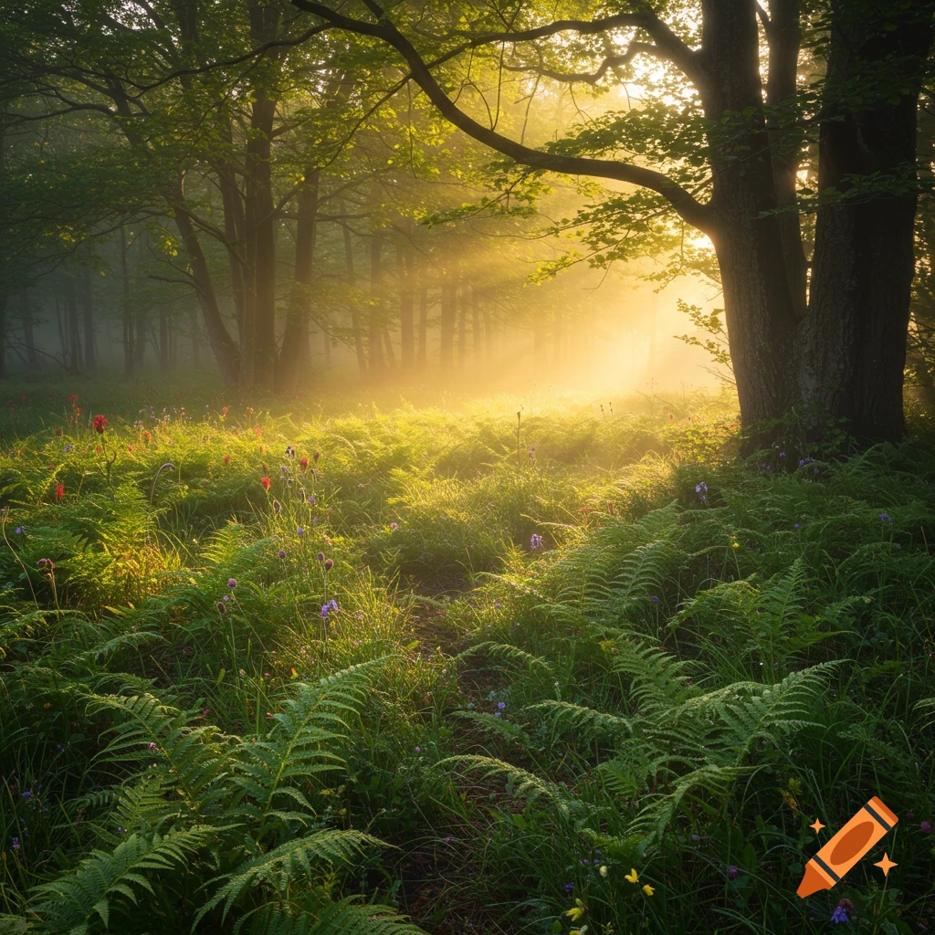 A misty forest path bathed in golden sunbeams, with lush ferns and wildflowers on the ground.