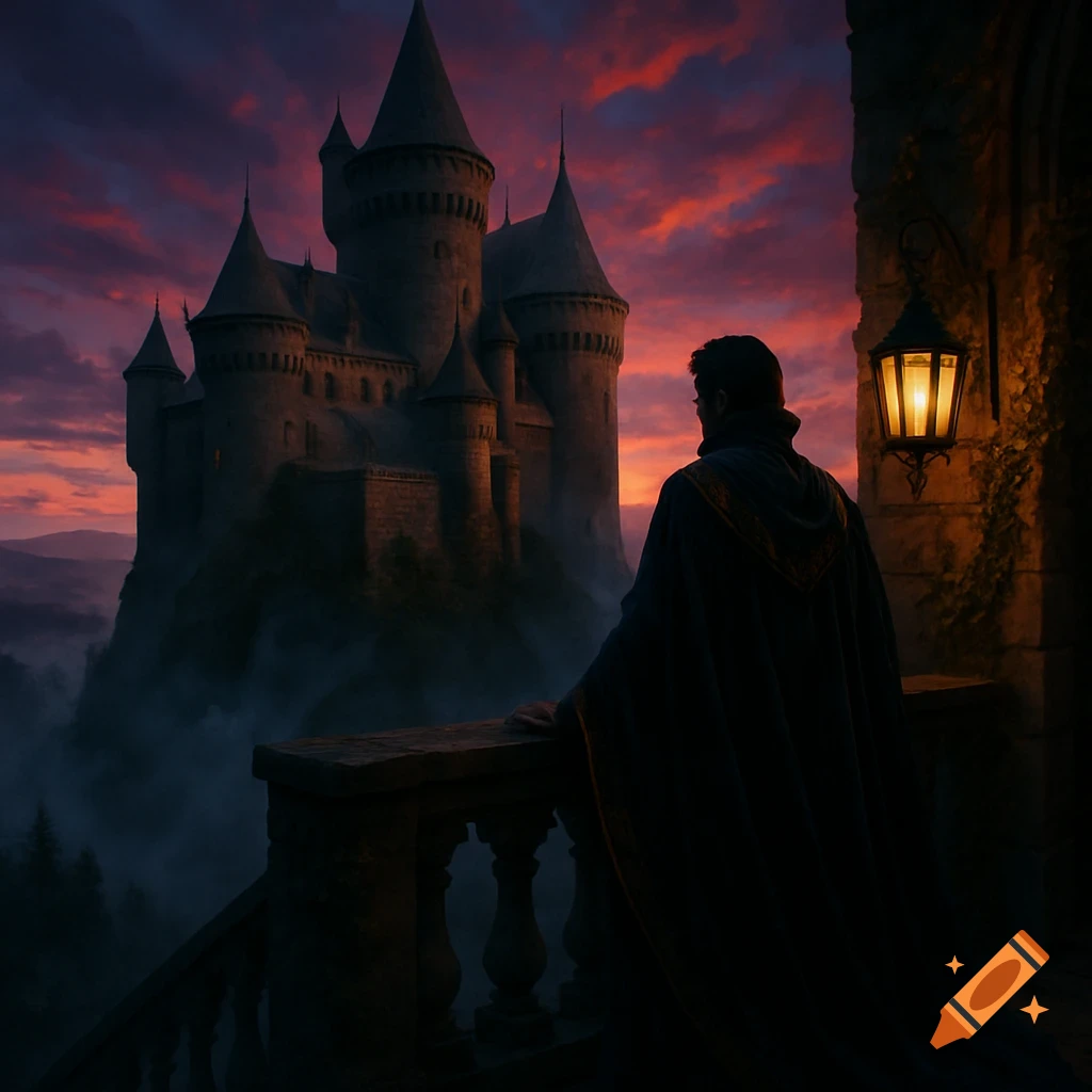 A cloaked man views a grand gothic castle on a misty hill from a balcony with a glowing lantern at sunset.