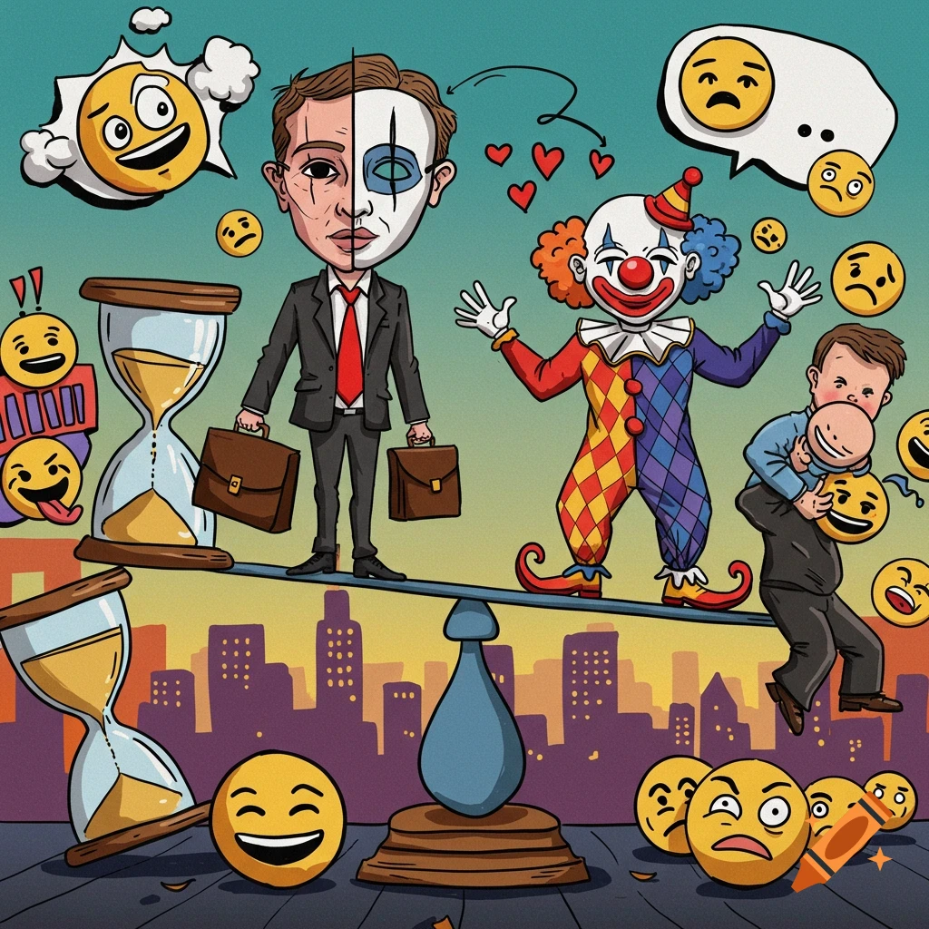 A colorful cartoon caricature showing a businessman and a clown on a seesaw, surrounded by various emojis and hourglasses, with a city skyline in the background, symbolizing social roles.