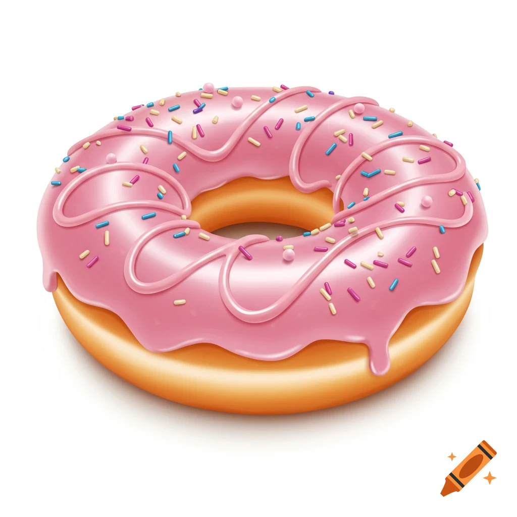 A photorealistic pink glazed donut with colorful sprinkles, with icing dripping, isolated on a white background.