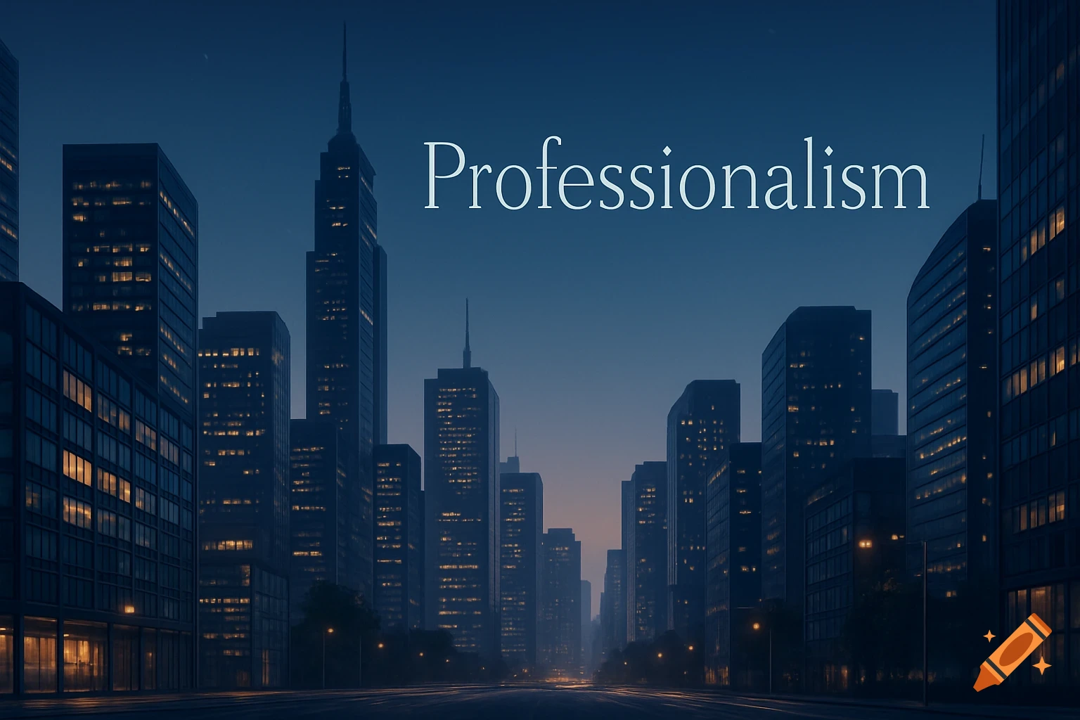 A dark blue cityscape at night with tall buildings and an empty road. The word 'Professionalism' is written in white in the sky.
