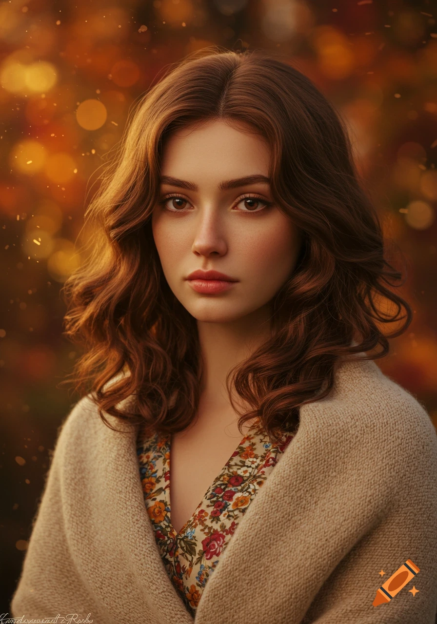 Photorealistic portrait of a young woman with long wavy brown hair, wearing a patterned floral top and beige cardigan, with an autumn bokeh background.