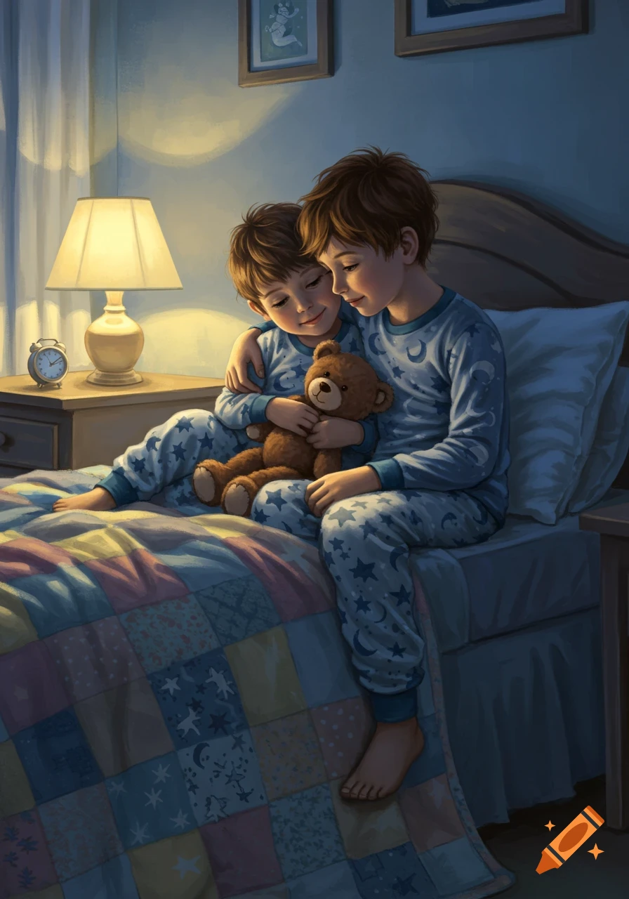 Two young boys in pajamas sitting on a bed at night, one hugging the other and holding a teddy bear, digital illustration.
