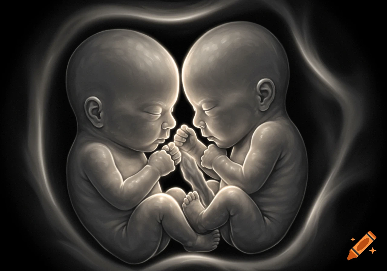 Grayscale illustration of two fetuses (twin boys) in a womb, resembling a sonogram with a glowing outline.