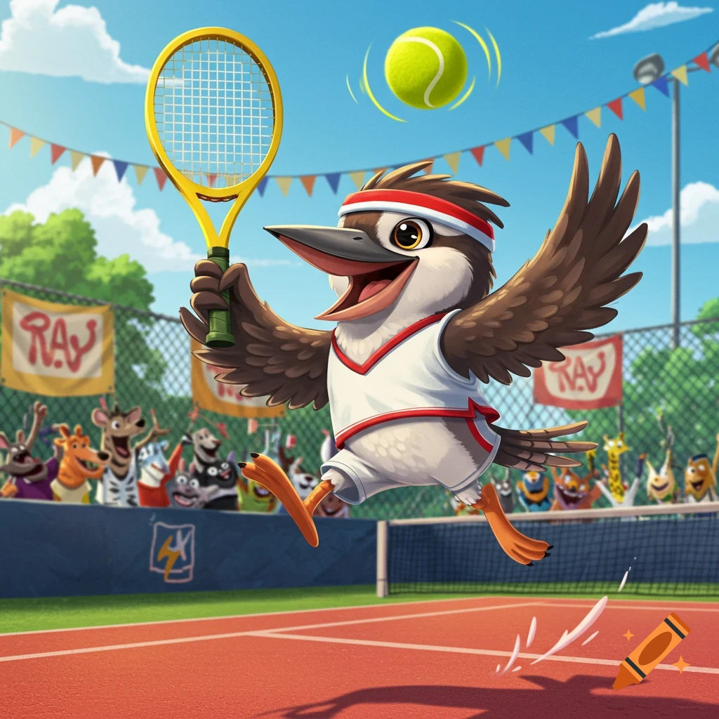 A cartoon kookaburra in a white tennis outfit jumps on a red tennis court, swinging a yellow racket at a tennis ball. Cartoon animal spectators watch from the background.