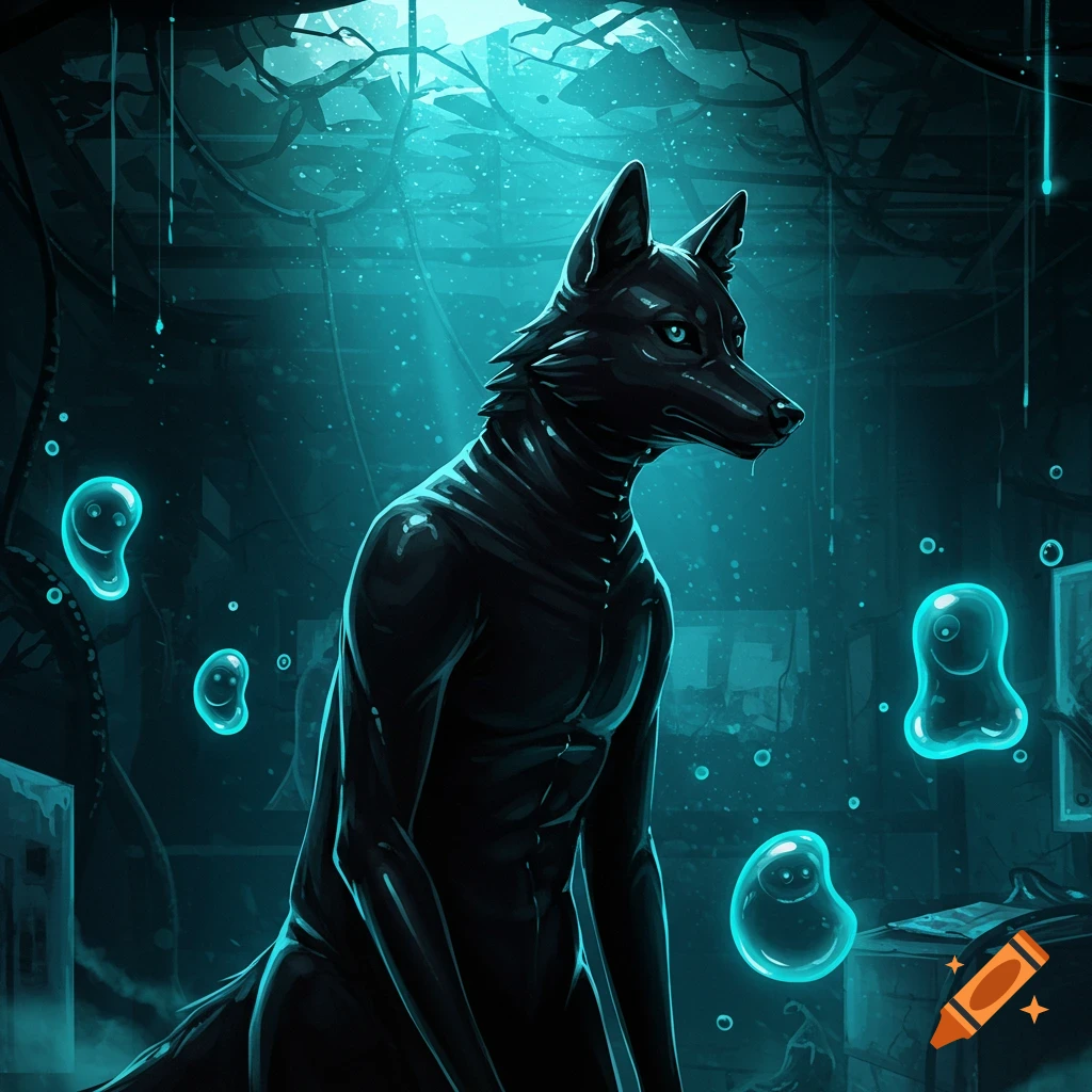 A dark, anthropomorphic wolf-like creature stands in a teal-lit, mysterious environment with glowing bubbles, digital art.
