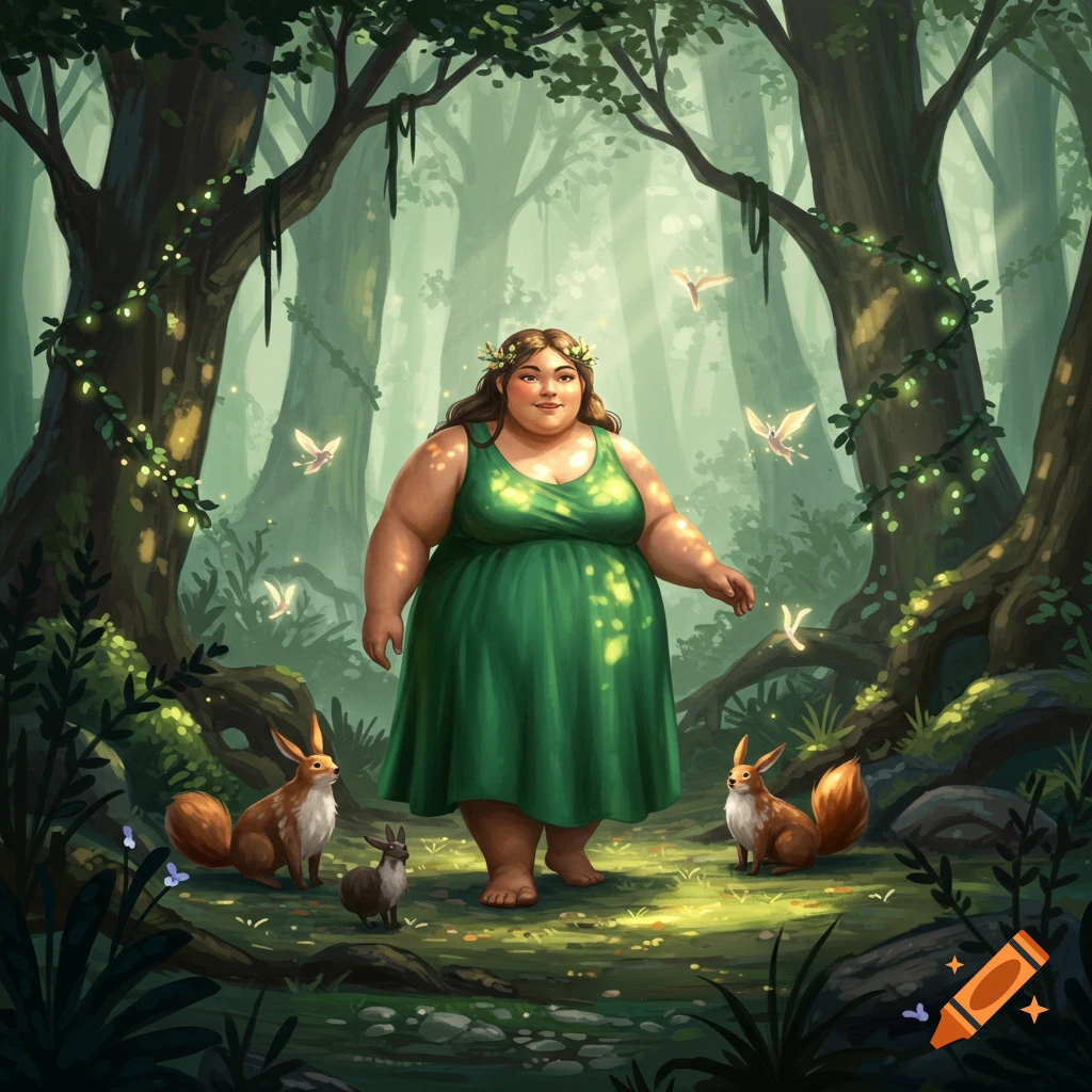 An illustration of a kind, round woman in a green dress with a flower crown standing barefoot in a magical, sunlit forest, surrounded by foxes, a rabbit, and glowing butterflies.