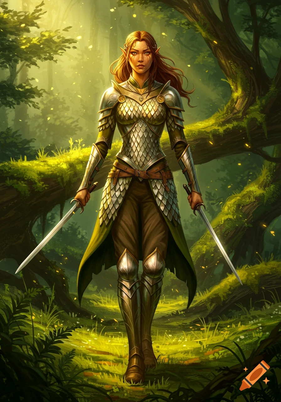 A female elf warrior with reddish-brown hair in scale armor stands in an enchanted forest, holding two swords.