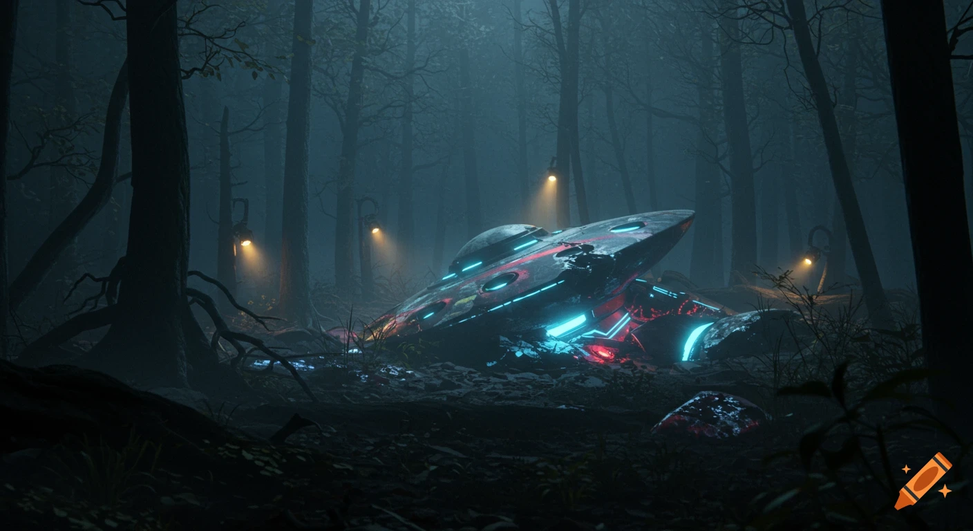 A dark, eerie scene of a crashed UFO with glowing lights in a foggy forest, cinematic style.