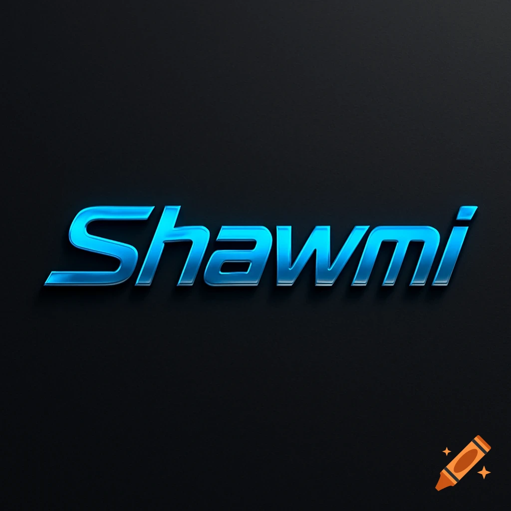 Blue metallic 'Shawmi' logo with a glossy, reflective finish on a dark, textured background.