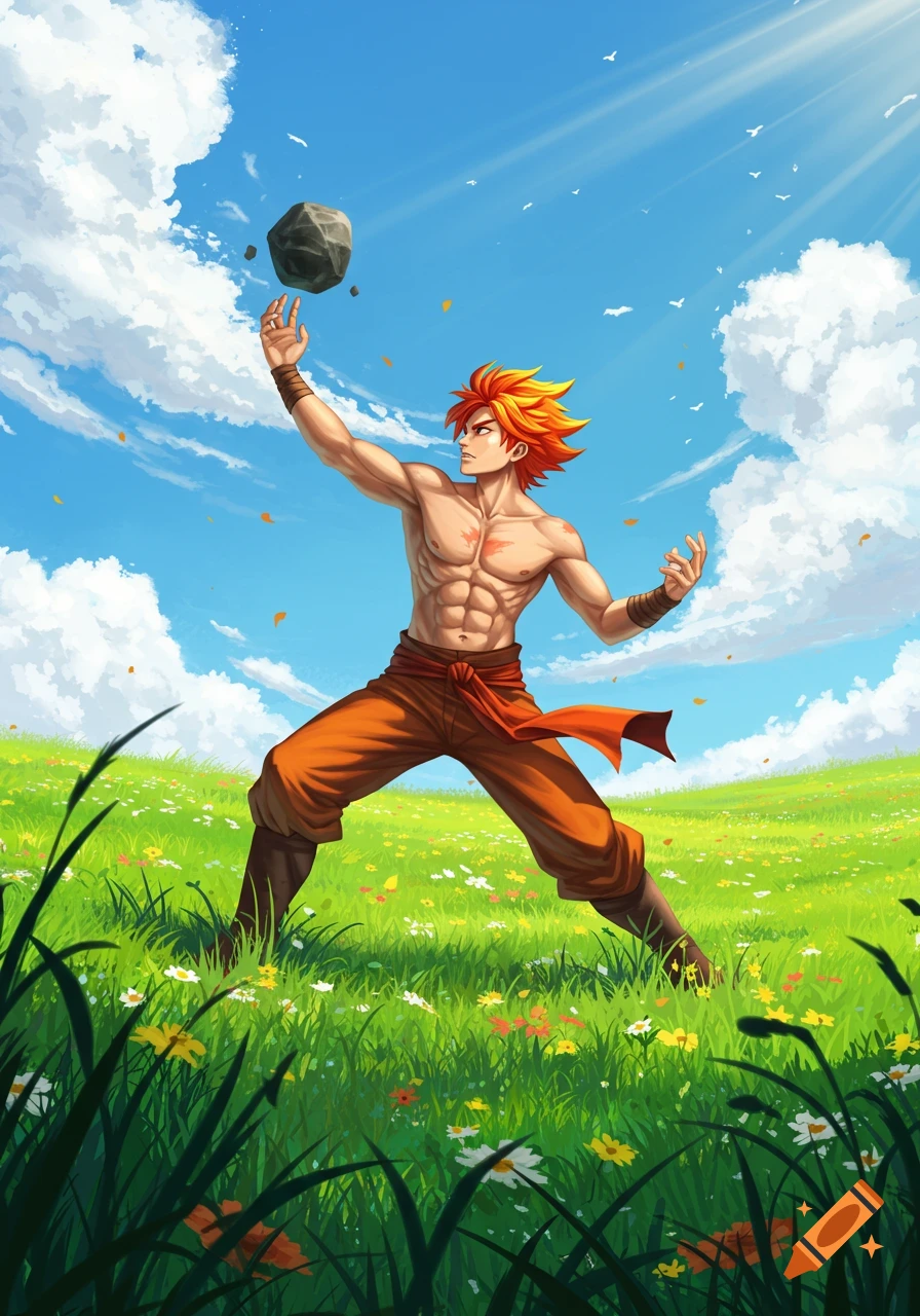Anime man with spiky orange hair and abs in orange pants, telekinetically lifting a rock in a flower-filled meadow under a blue sky.