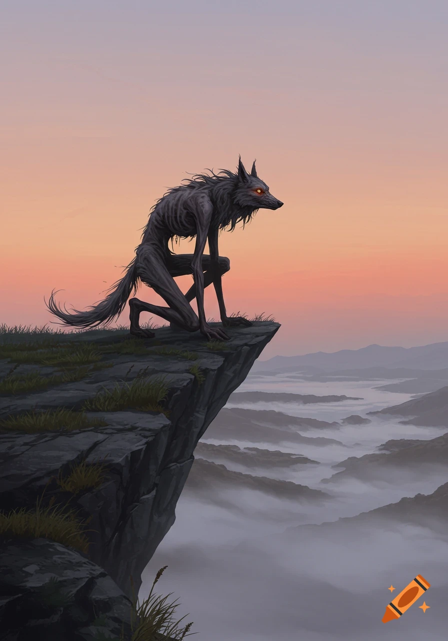 A gaunt, wolf-like humanoid with glowing red eyes crouches on a rocky cliff overlooking a misty mountain range at sunset.