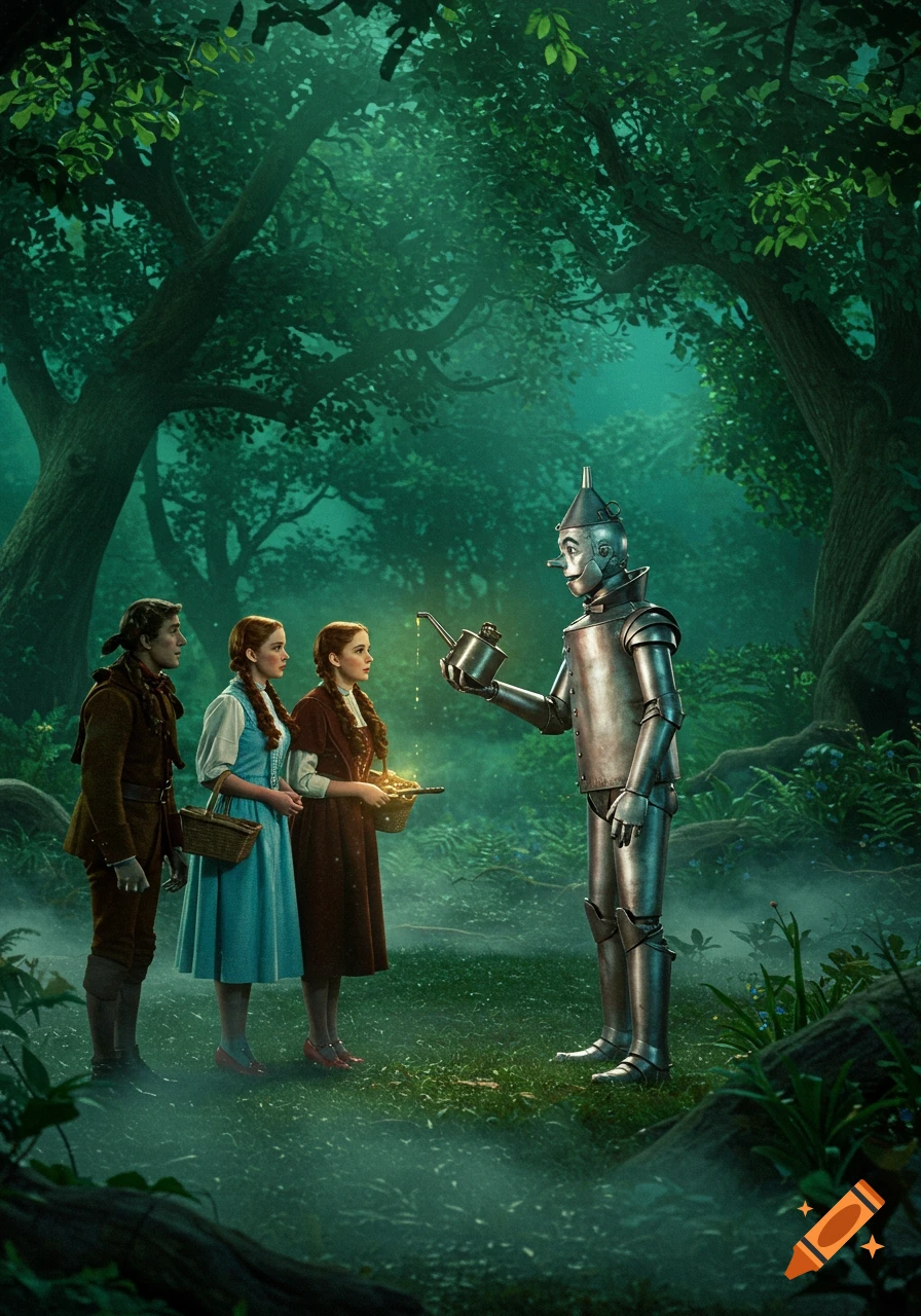 Dorothy, another girl, and a man watch as the Tin Woodman holds an oil can in a misty, magical forest.
