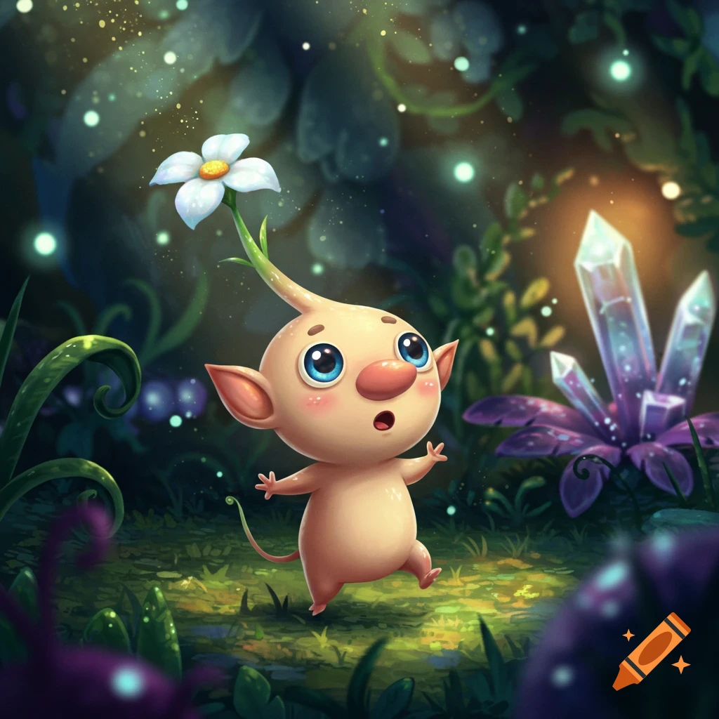 A cute, big-eyed, pale, bulbous creature with a white flower on its head walks through a glowing, mystical forest.