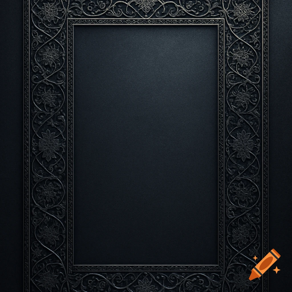 A dark, metallic frame with intricate arabesque patterns around a blank center, in a futuristic, ornate style.