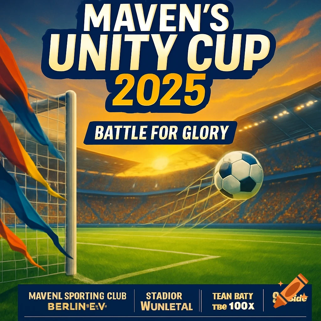 A vibrant banner for "Maven's Unity Cup 2025: Battle for Glory" featuring a football stadium at sunset, a goalpost, and a football in mid-air.