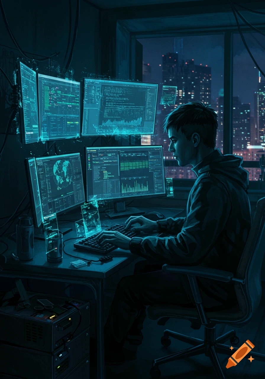 A person sits at a desk in a dark room, typing on a keyboard surrounded by multiple glowing computer screens displaying code and data, with a city skyline visible outside the window at night. Digital art style.