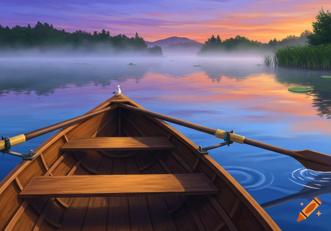 Stylized illustration of a wooden rowing boat with a bird on the bow, on a misty lake at sunrise with reflections.
