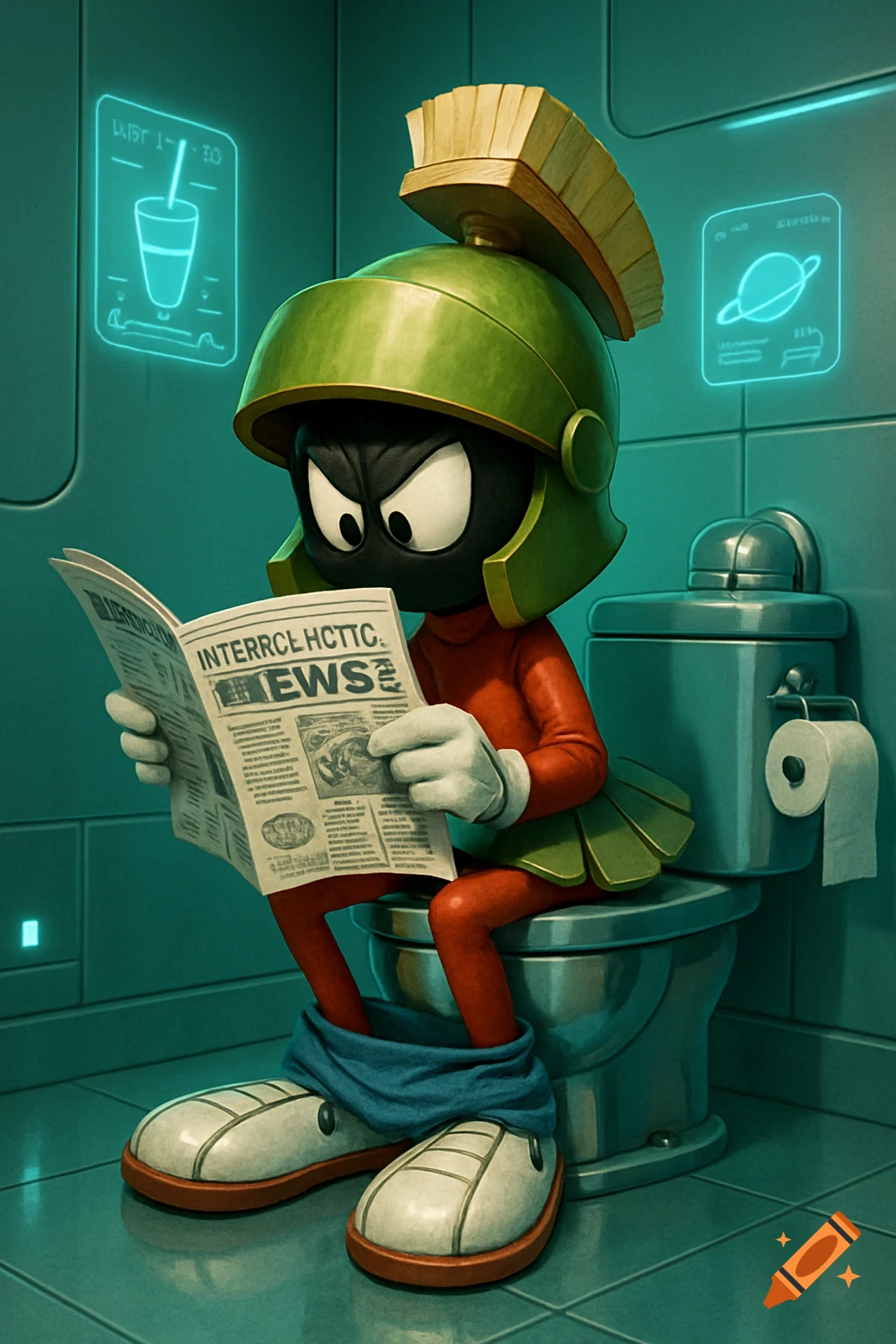 Marvin The Martian sits on a toilet with pants around his ankles, reading a newspaper in a futuristic bathroom.