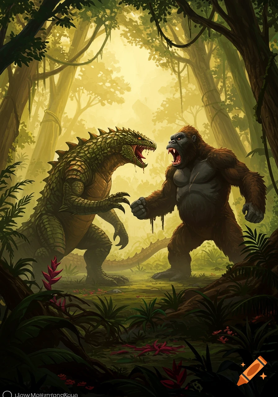 A stylized illustration shows King Kong roaring at a giant green lizard-like monster in a vibrant jungle.