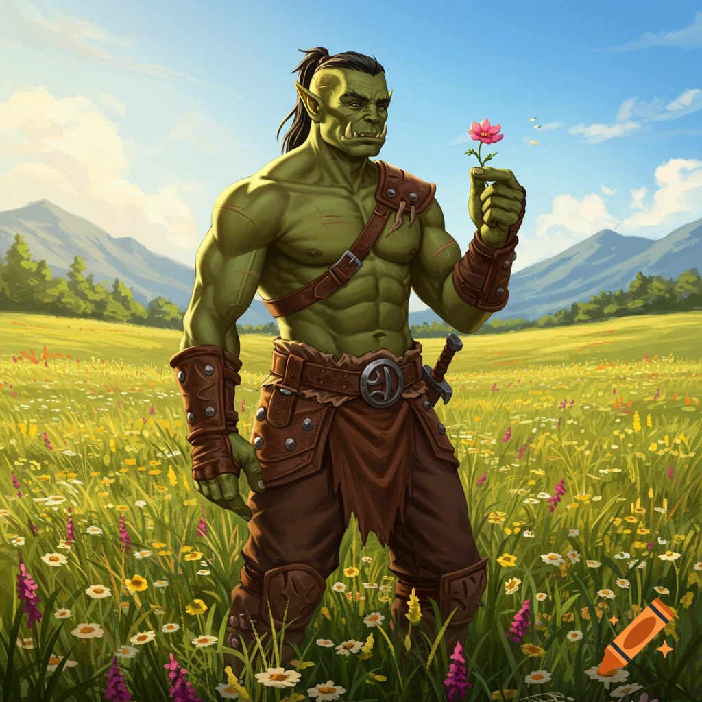 A muscular green orc barbarian in leather armor holds a pink wildflower in a sunny field with mountains.