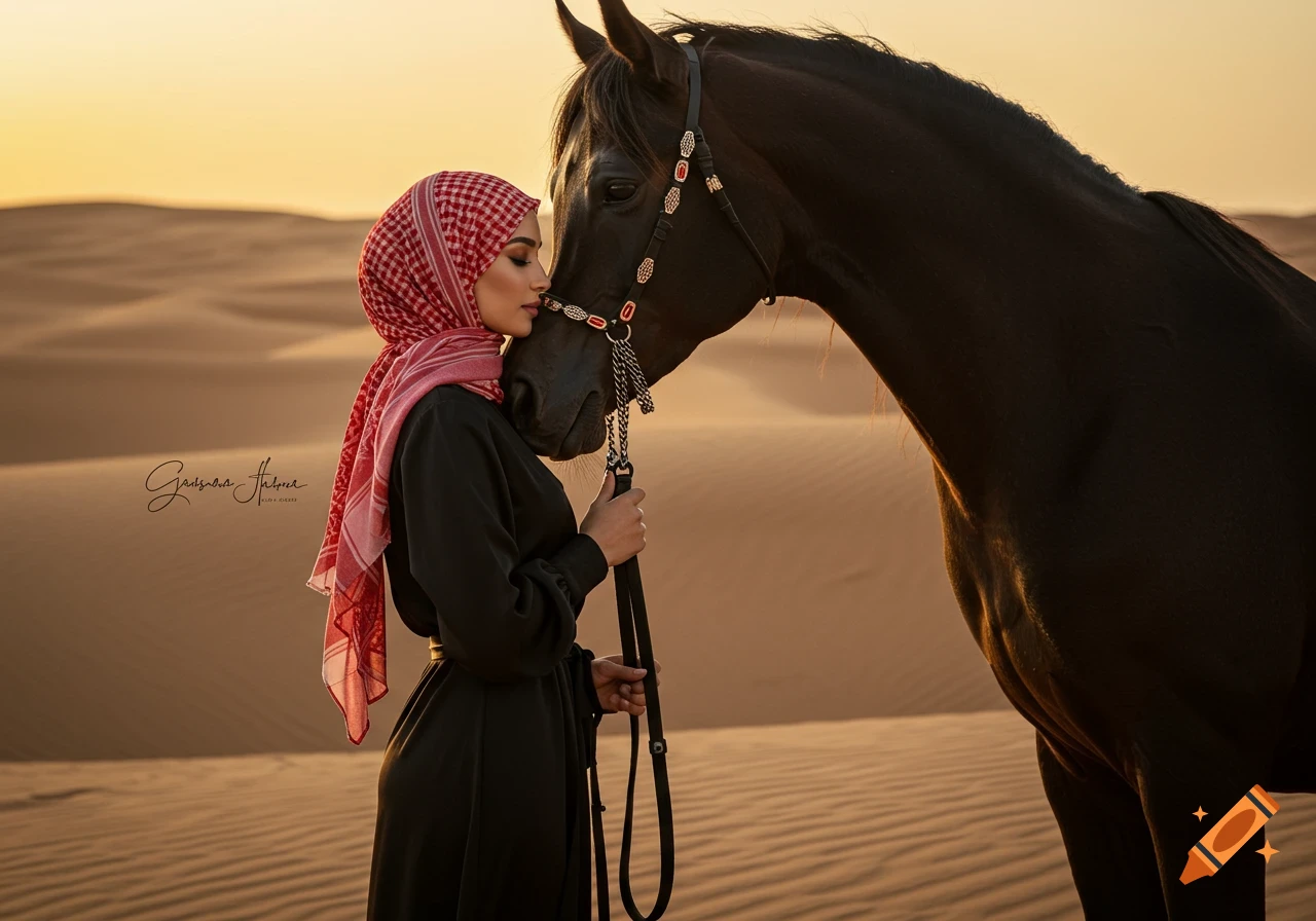 A woman in a black dress and red keffiyeh lovingly leans her head against a black Arabian horse in a desert at sunset.