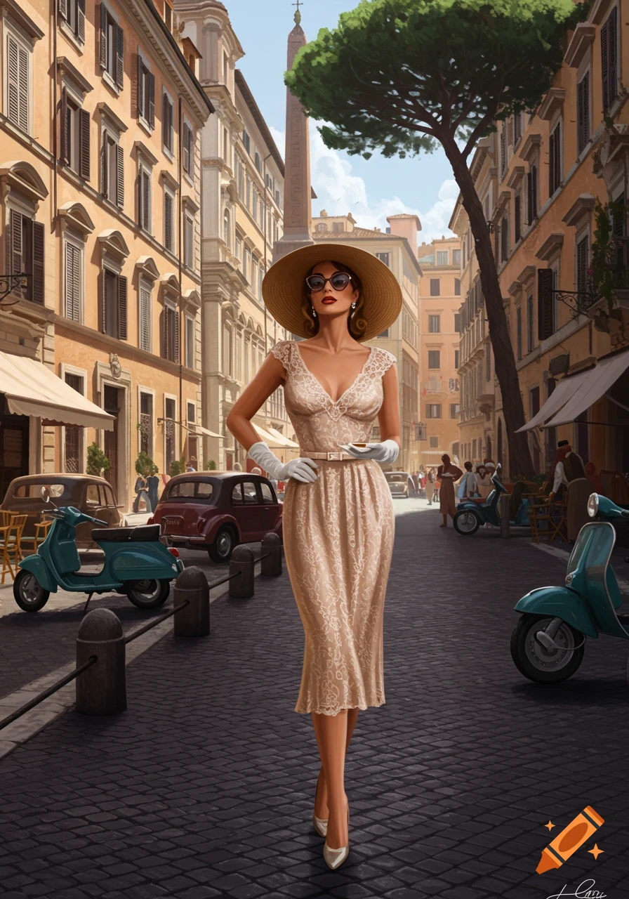 A stylish woman in a large hat and elegant dress walks down a cobblestone street in a European city, past Vespas and classic cars.