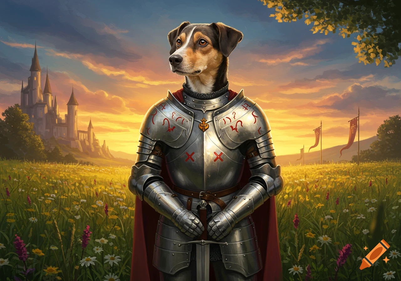 A dog-headed knight in armor holds a sword in a sunset field with a castle in the background.