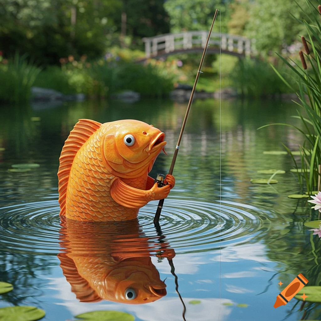 A large, anthropomorphic orange fish stands in a pond, holding a fishing rod and fishing in the photorealistic water. There are lily pads and a bridge in the background.