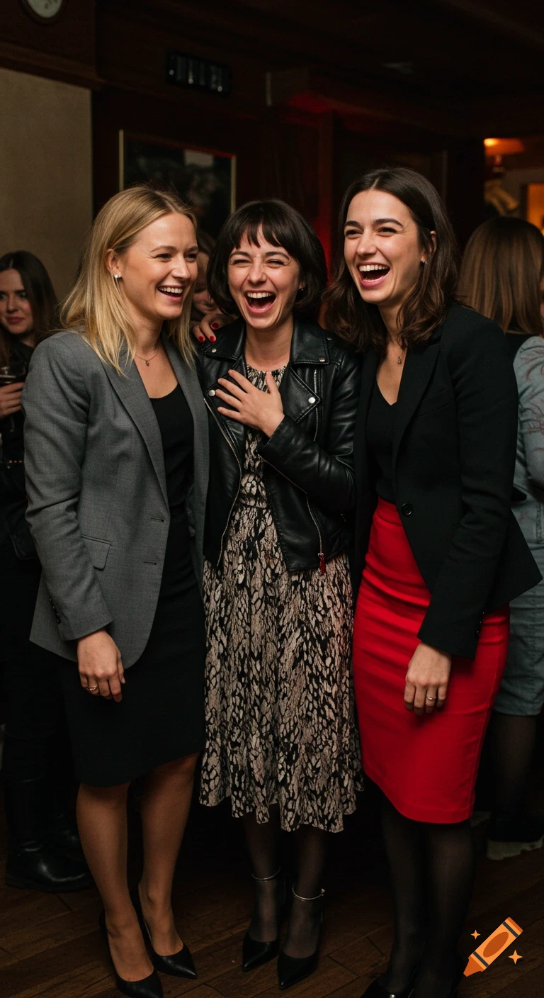 Three women in stylish outfits laugh heartily at a cozy indoor social event, with blurred people in the background.