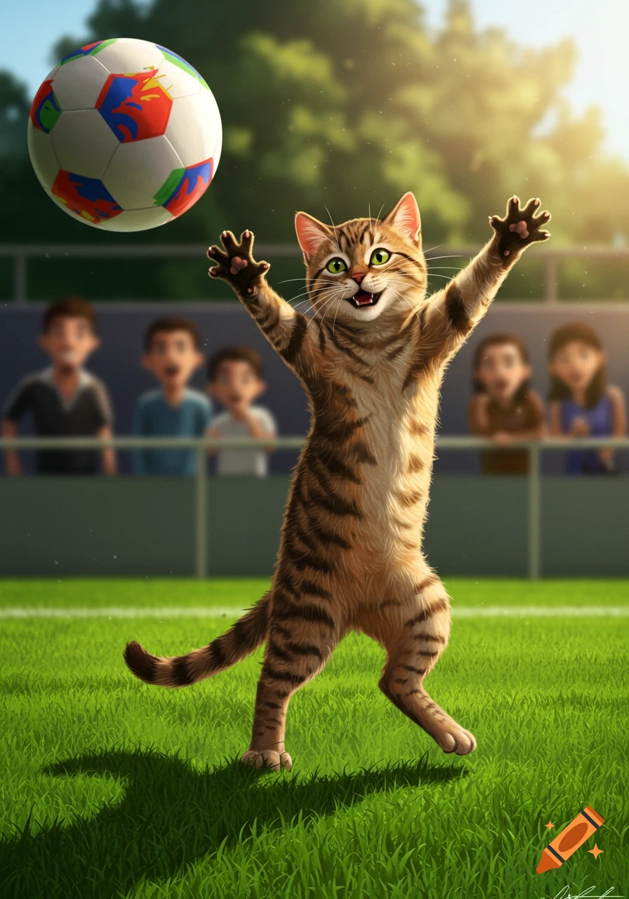 A happy, cartoonish tabby cat jumps on a green soccer field, reaching for a soccer ball with blurred spectators in the background.