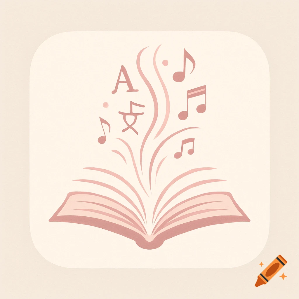 Minimalist app logo: an open pink book on a beige background, with an 'A', Chinese character '女', and musical notes rising from it.