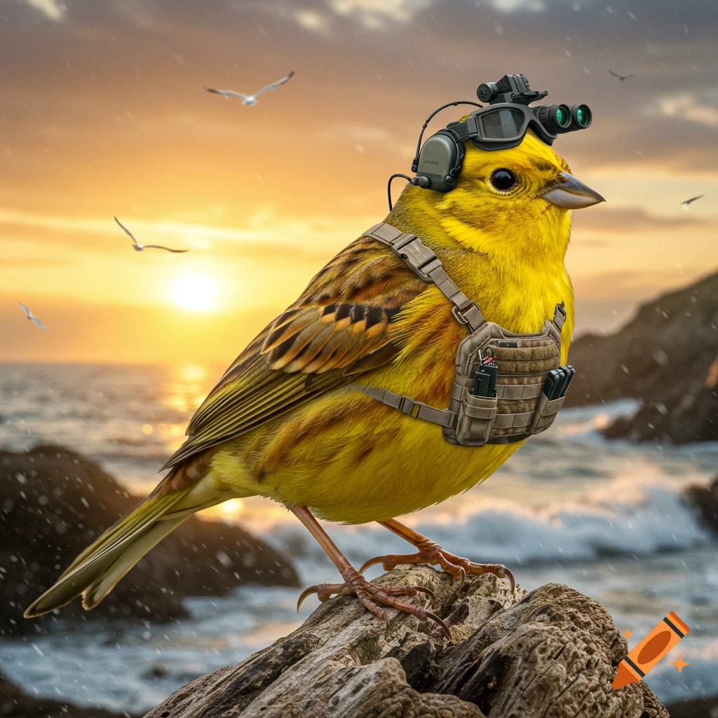 A yellowhammer bird in tactical gear, including night vision goggles and a vest, stands on a rock by the ocean at sunset.