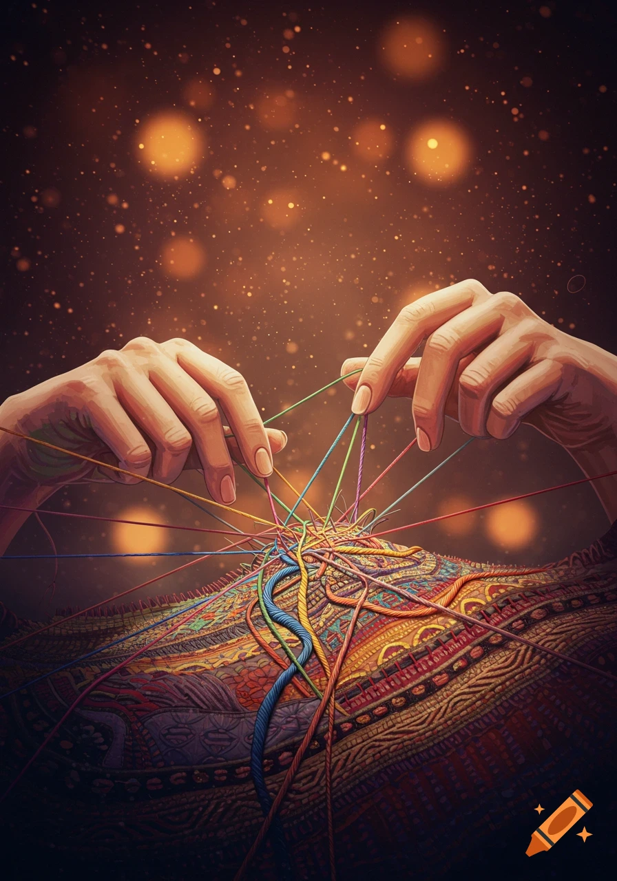 Two hands manipulate many colorful threads entangled in a richly patterned textile, against a dark, shimmering background.