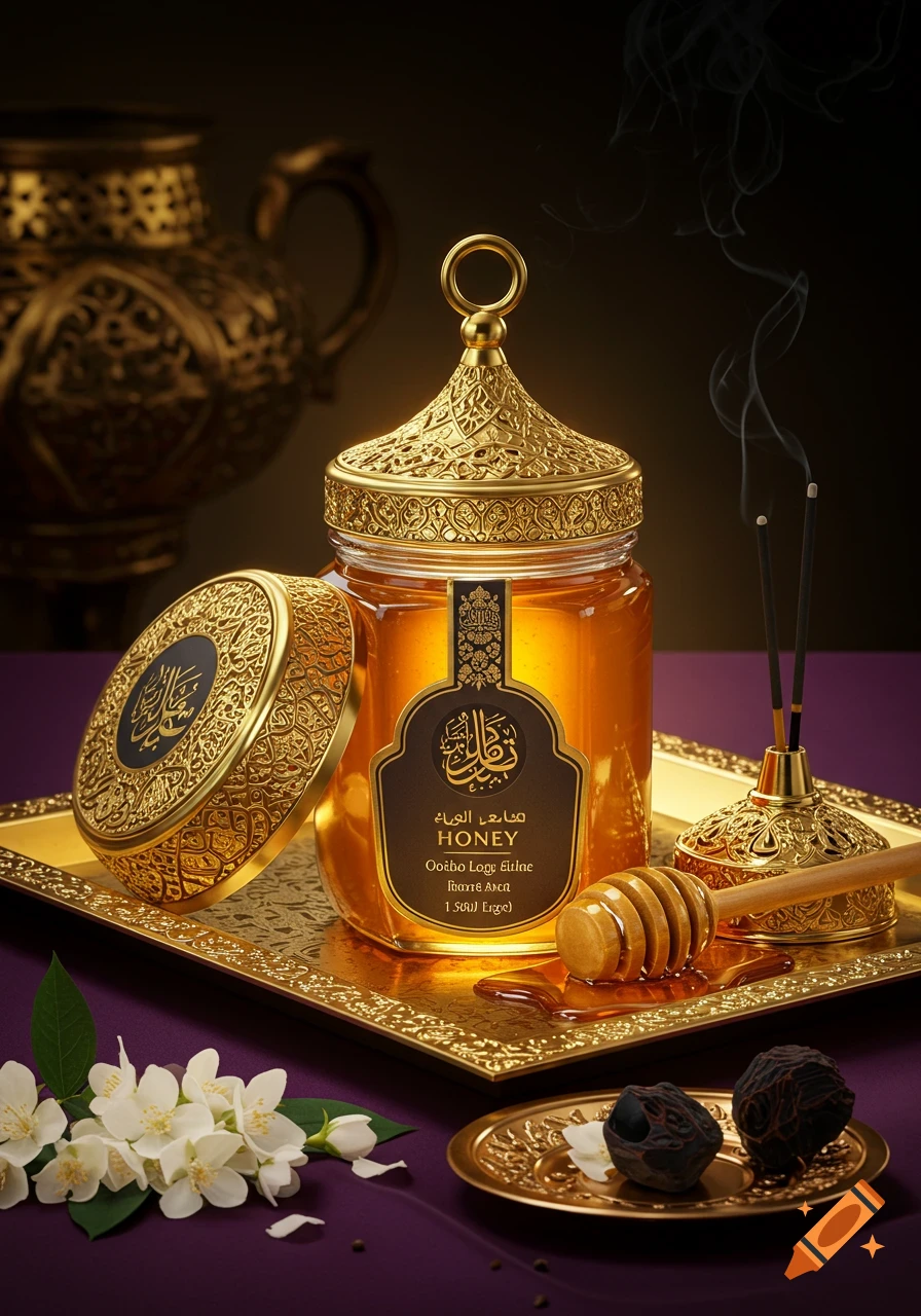 An ornate gold and glass honey jar on a tray with a dipper, jasmine flowers, smoking incense, and dates on a purple cloth. Photorealistic.