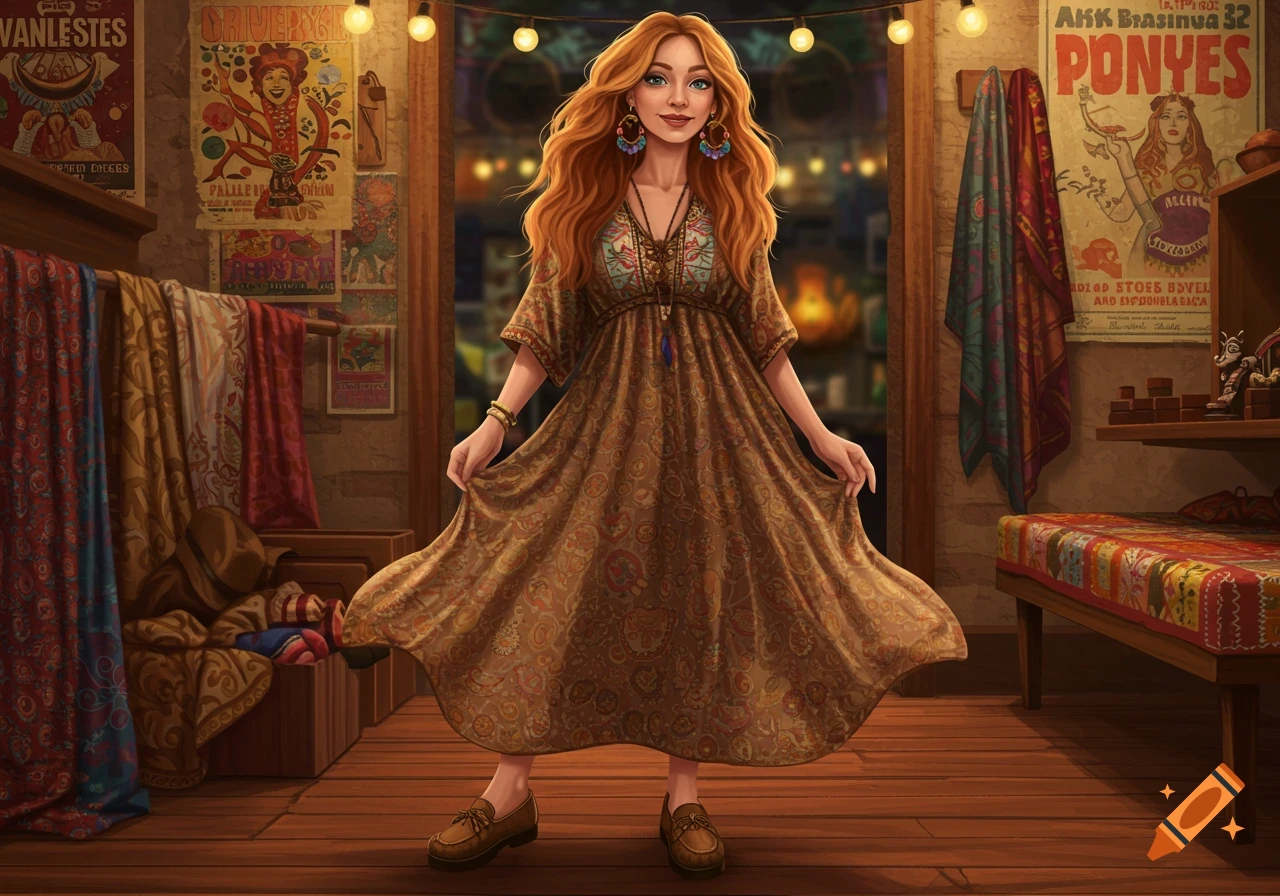 A reddish-blonde woman in a brown paisley bohemian dress and comfortable shoes poses in a vintage clothing store filled with colorful posters and fabrics.