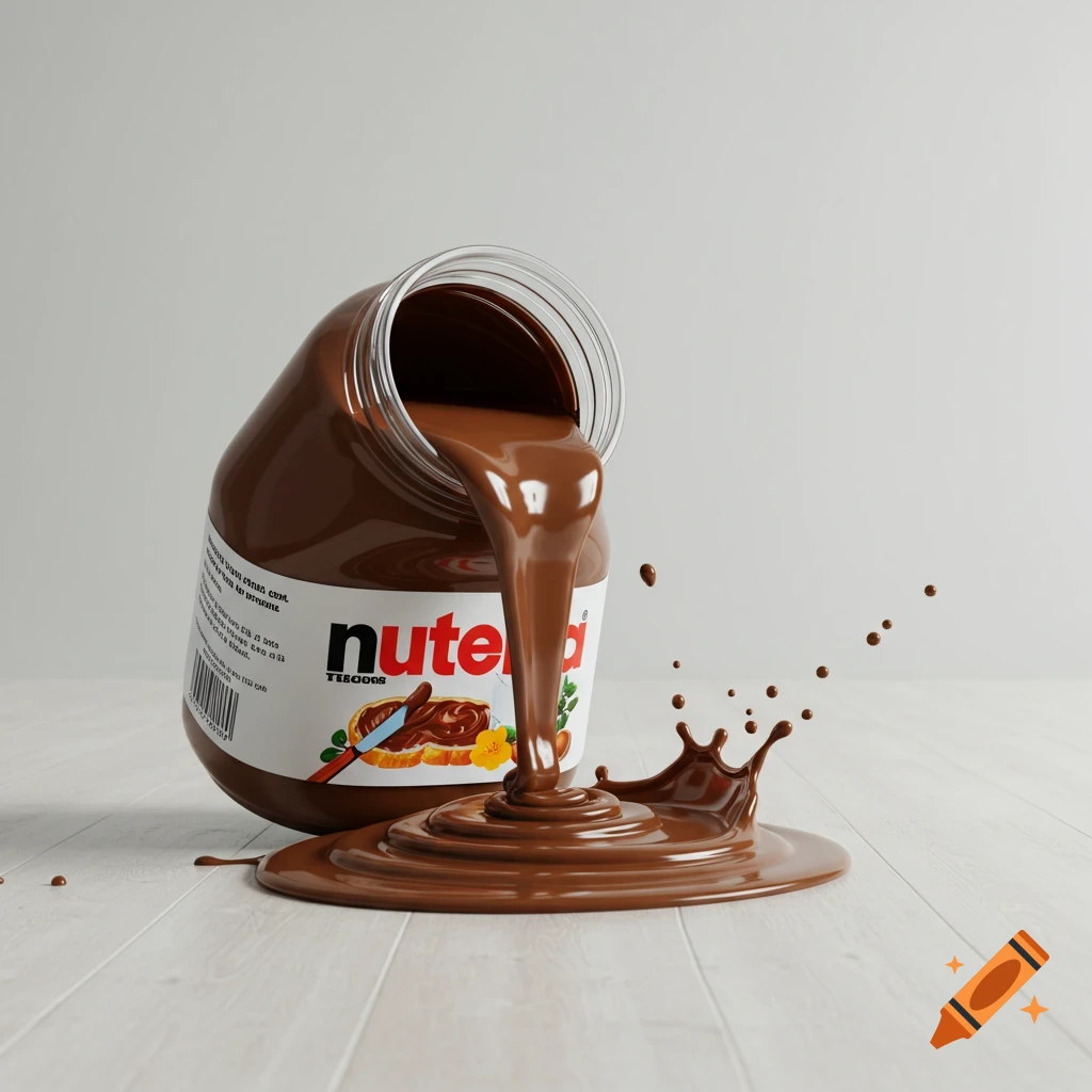A photorealistic image of an open Nutella jar on its side, spilling thick, glossy chocolate spread onto a light wooden floor, with small splashes.
