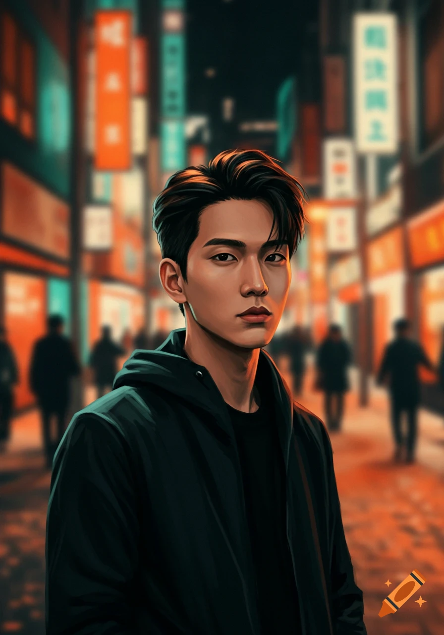 Stylized digital art portrait of an Asian man in a dark hoodie standing on a vibrant, blurred city street at night.