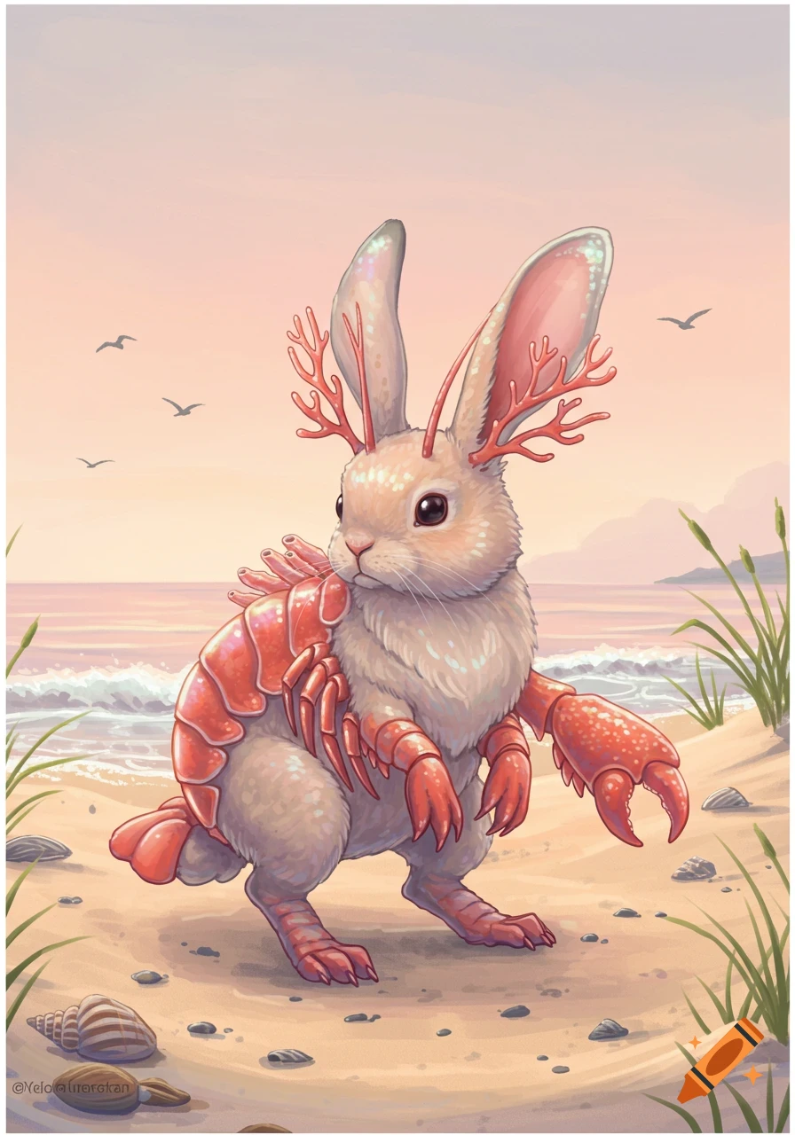 A cute rabbit-lobster hybrid creature with coral antlers stands on a sandy beach with the ocean in the background, illustrated in a whimsical style.
