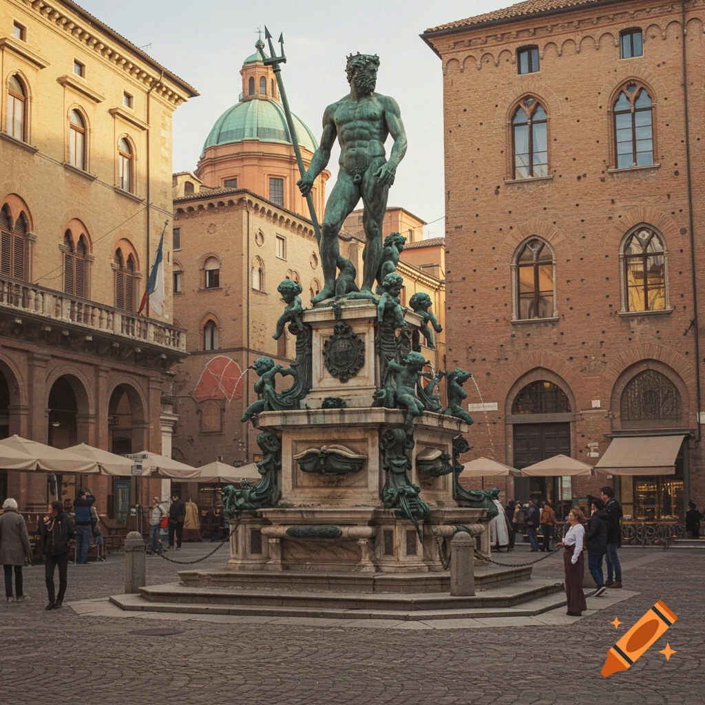 Photorealistic image of the bronze Fountain of Neptune in Bologna, Italy, surrounded by historic buildings and people in a cobblestone piazza.