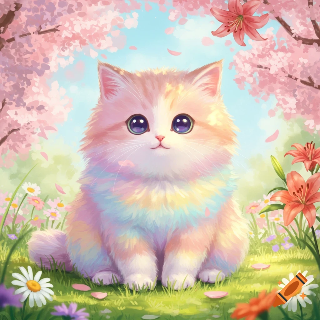 A cute, fluffy, rainbow-colored kitten with big purple eyes sits in a field of flowers under cherry blossom trees, illustrative style.