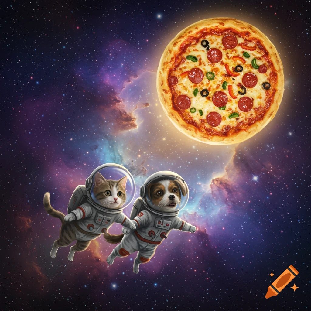 A cute cat and a dog in astronaut suits float in space towards a giant, glowing pizza planet.