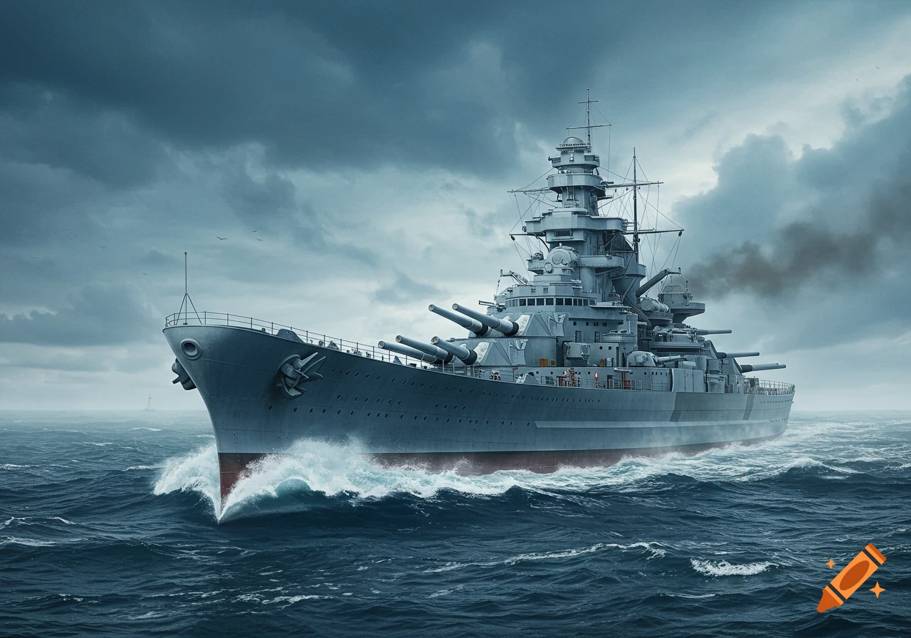 A grey battleship with large guns sails through choppy dark blue waters under a cloudy, dramatic sky.