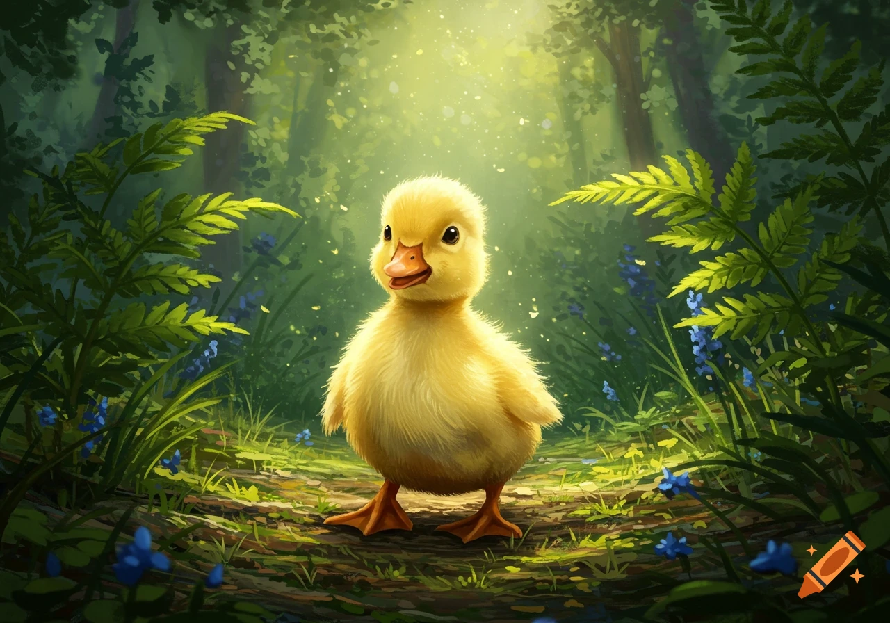 Cute Duck in a Fantasy Forest created on Craiyon, image size:1280x896