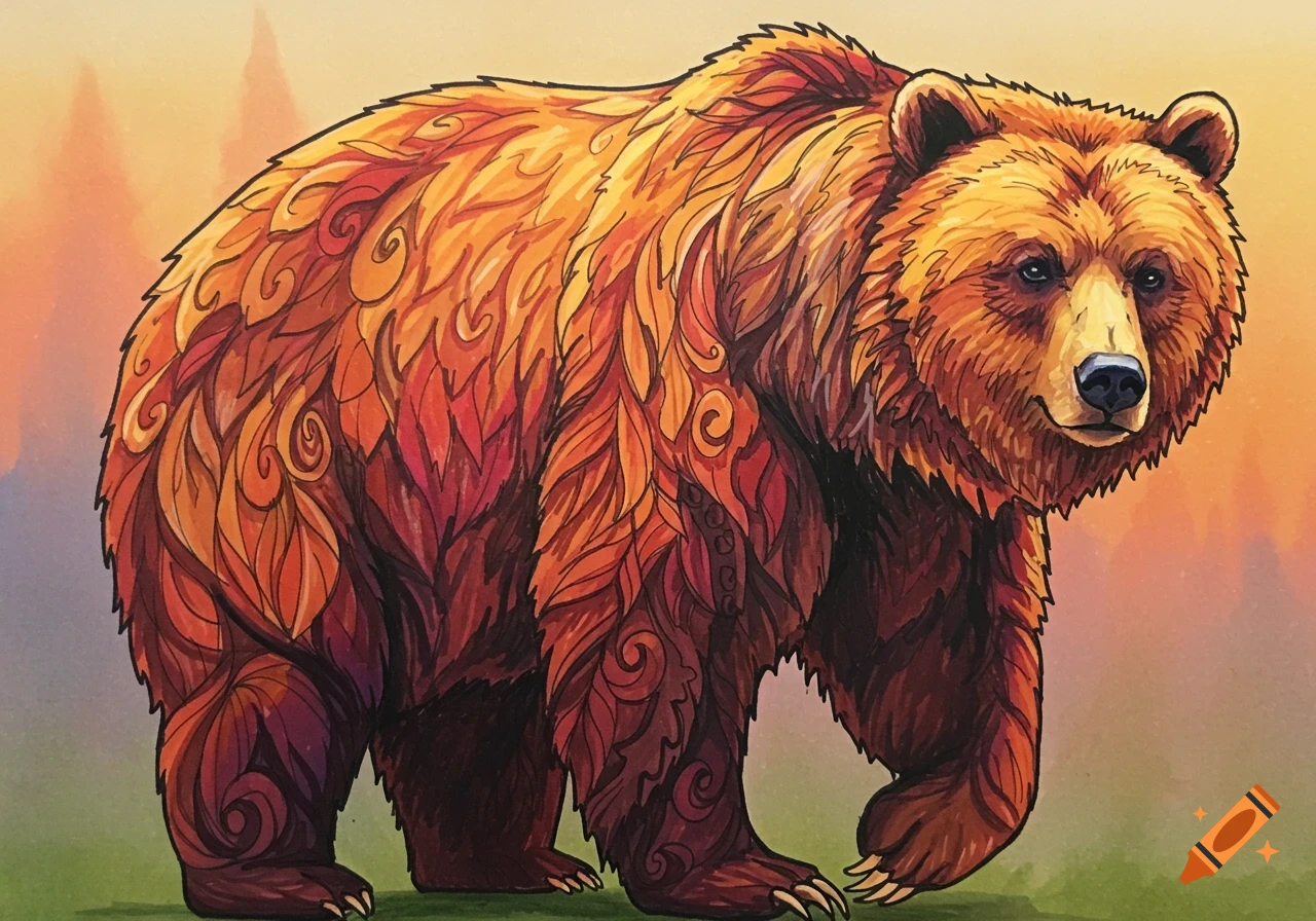 Stylized brown bear illustration with warm, leaf-like fur patterns, standing on green grass with an orange sky.
