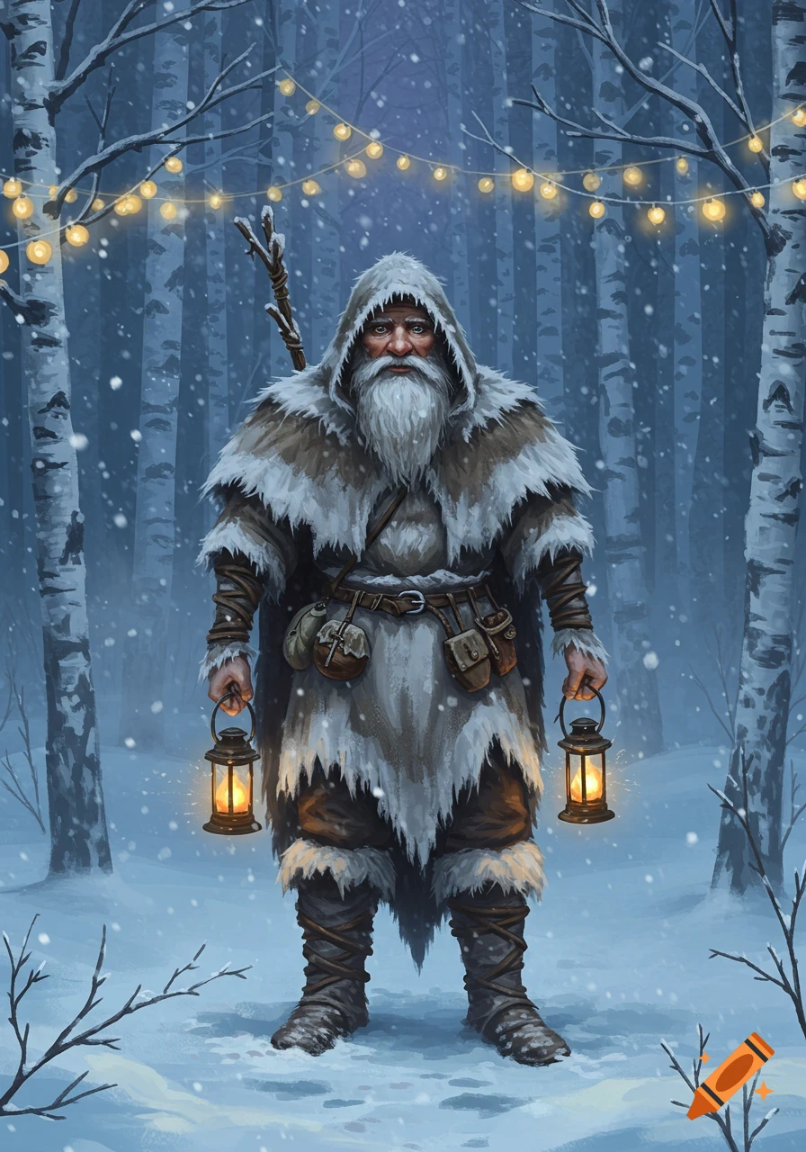 A bearded man in a fur-lined hooded cloak holds two lanterns in a snowy birch forest with glowing string lights, illustration.