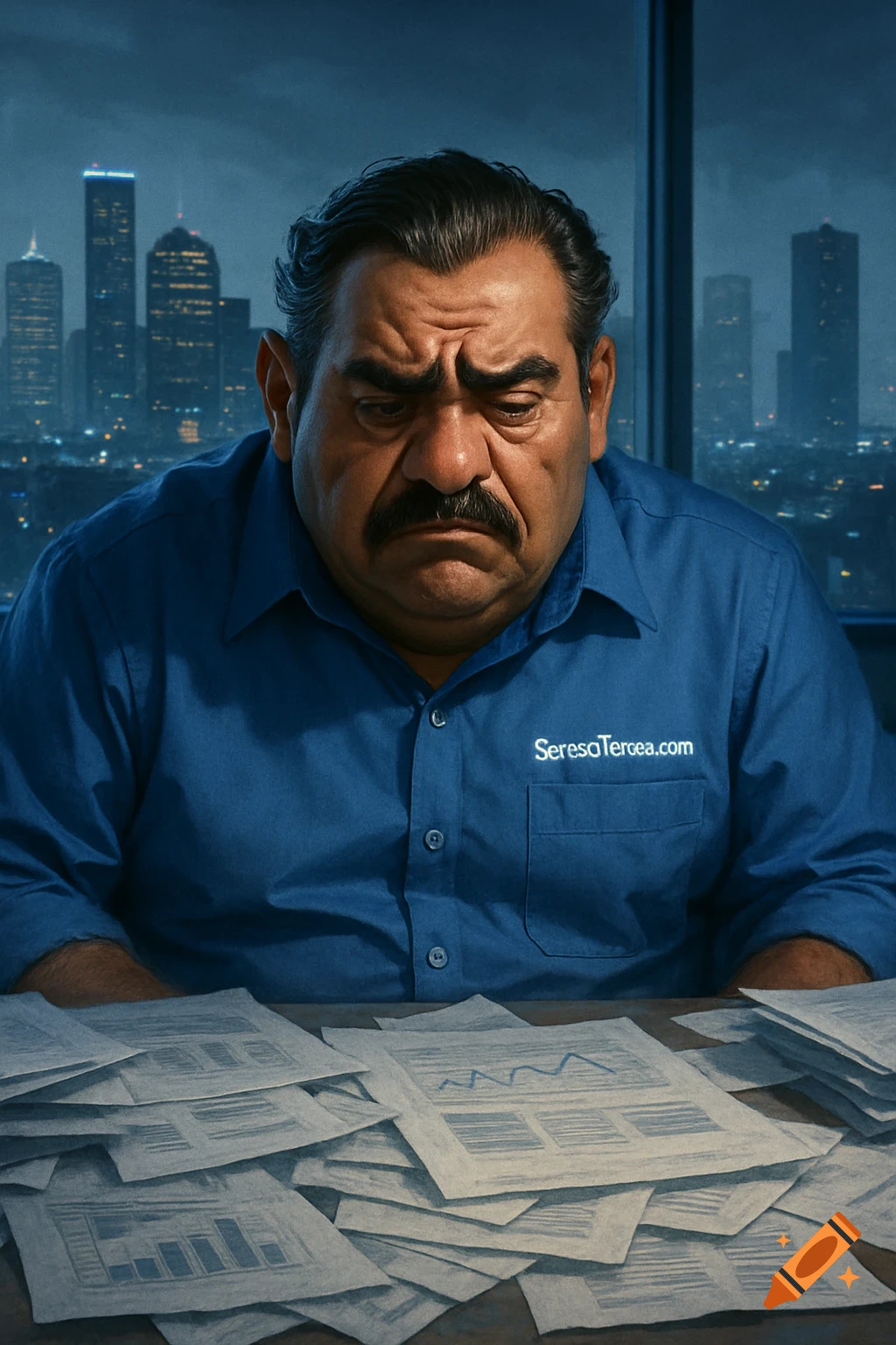 A stressed, mustachioed man in a blue shirt with a logo, looking down at a pile of business papers, with a city skyline in the background.