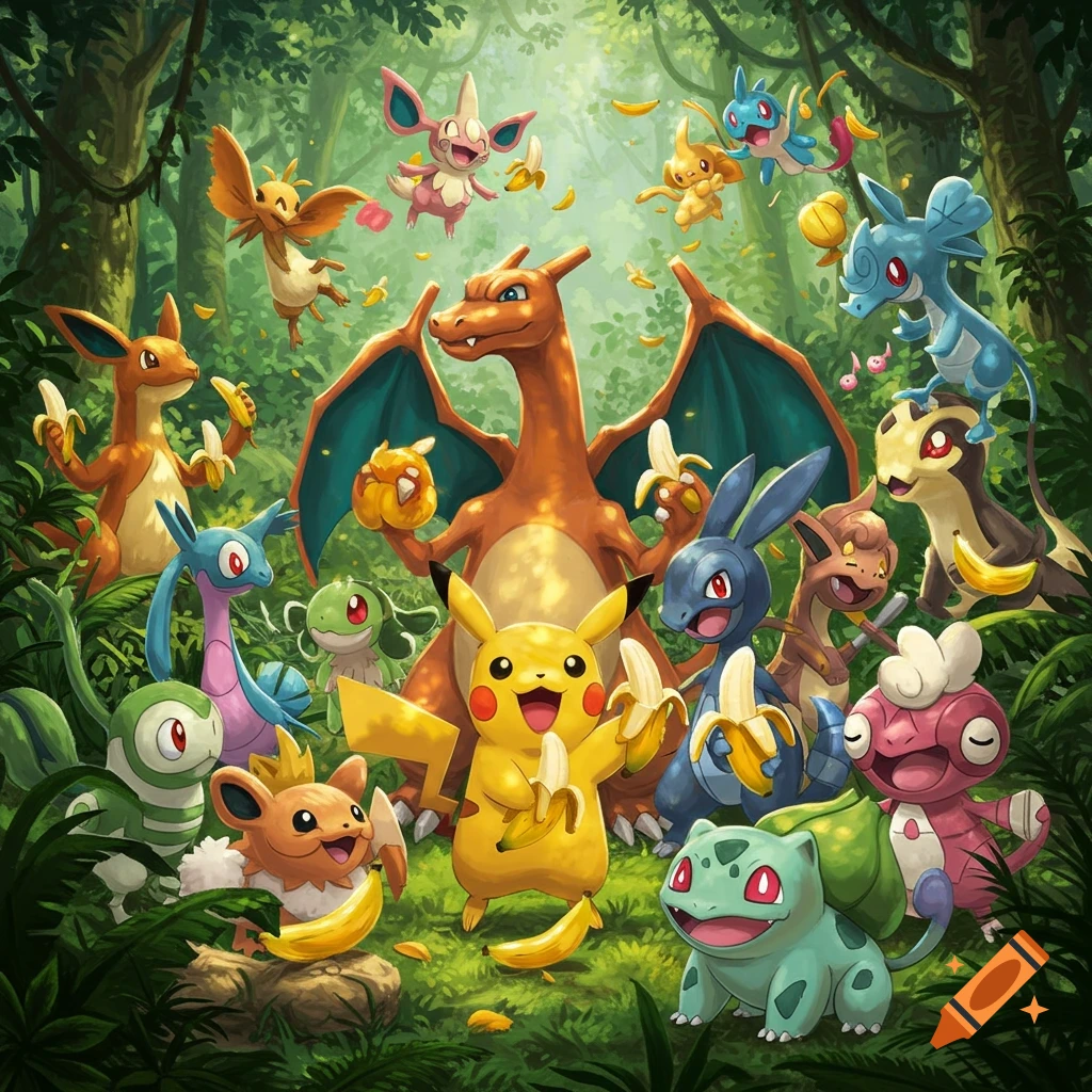 A group of many different Pokémon, including Pikachu, Charizard, and Bulbasaur, holding bananas in a vibrant, lush jungle setting.